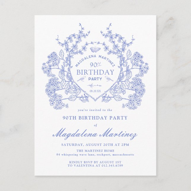 POSTCARD 90TH Birthday Blue Floral Crest Invite (Front)