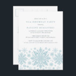 POSTCARD 90th Birthday Blue Snowflake Invitation<br><div class="desc">Very elegant blue watercolor snowflakes create a pretty border along the bottom of this adult birthday invitation. Modern and minimalist design has an open and airy feel. The contemporary aesthetic will appeal to people of all ages.</div>