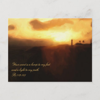 Postcard Bible Scripture Lighthouse Ocean & Sunset