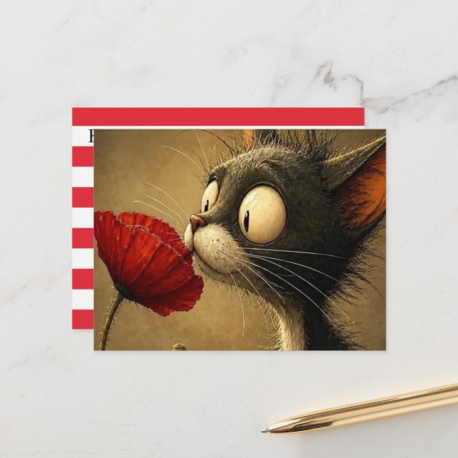 Postcard Black & White Cat Red Flower Stripe (Front/Back In Situ)