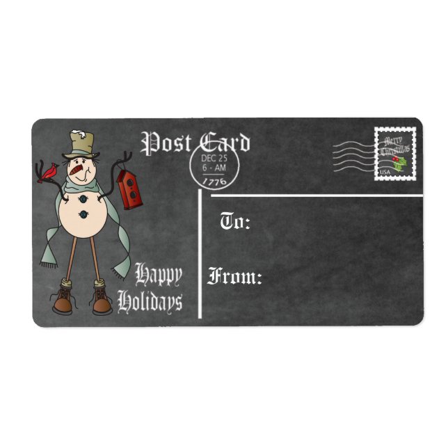 Postcard, Chalkboard Snowman Gift Tag - Blue (Front)