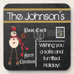 Postcard Chalkboard Vintage Christmas Snowman Coaster