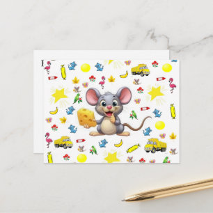 Postcard Cute Mouse Cheese Cat Trucks Stars