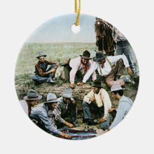 Postcard depicting cowboys gambling shooting craps ceramic tree decoration