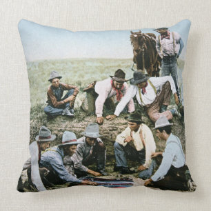 Postcard depicting cowboys gambling shooting craps cushion