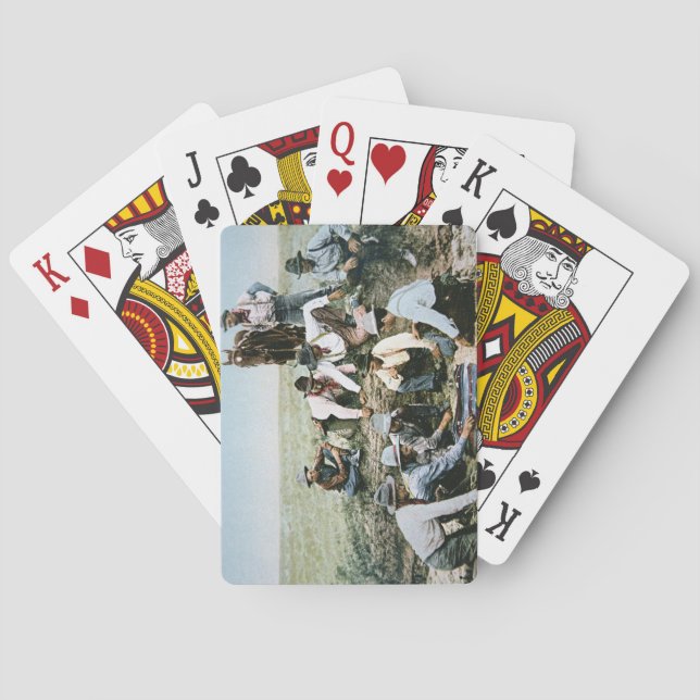 Postcard depicting cowboys gambling shooting craps playing cards (Back)