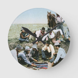 Postcard depicting cowboys gambling shooting craps round clock