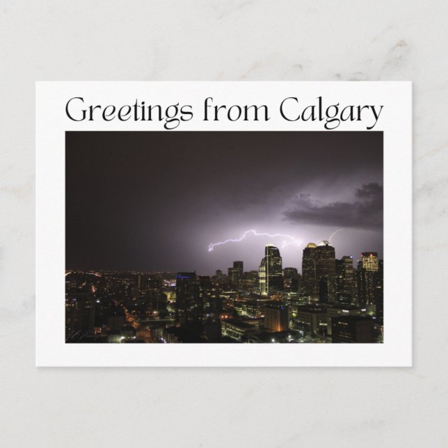 Postcard featuring lightning over Calgary (Front)