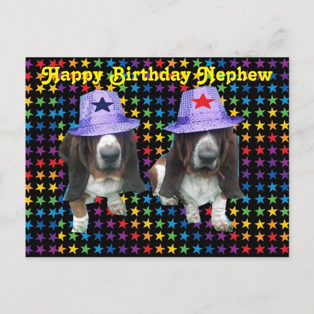 Postcard Happy Nephew Birthday Basset (Front)