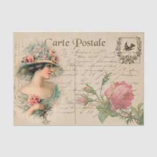 Postcard Illustration/Victorian Lady With Roses Tissue Paper