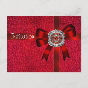 Postcard Invitation Red Leather Bow Jewel