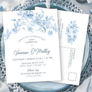 POSTCARD INVITE 55th Birthday Dusty Blue Floral