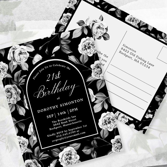 Postcard Invite Black White Floral 21st Birthday (Creator Uploaded)