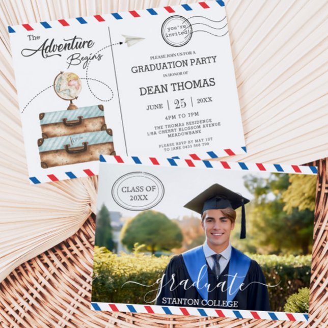 Postcard Luggage Adventure Begins Graduation Party (the-adventure-begins-postcard-suitcases-globe-graduation-party-photograph-invitation-card-printed)