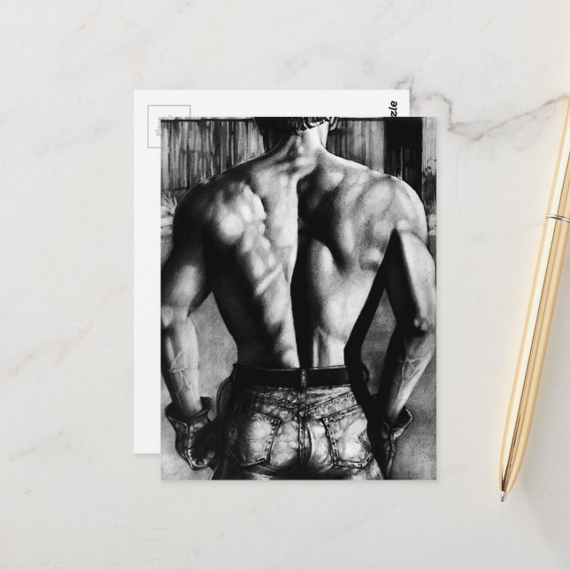 Postcard Masculine Bodybuilder Tight Jeans Art (Front/Back In Situ)