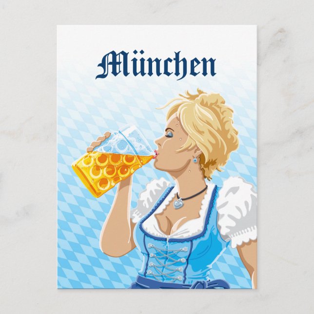 Postcard Munich Woman Dirndl Drinking Beer (Front)