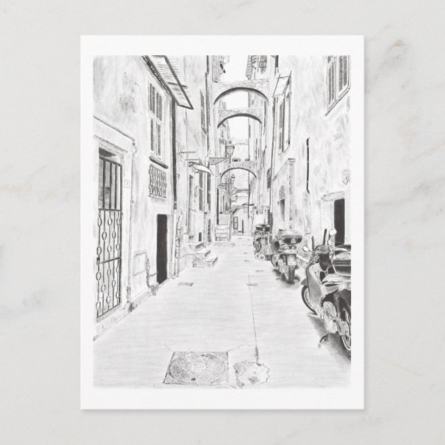 Postcard : Narrow Italian Street Hand Drawn (Front)