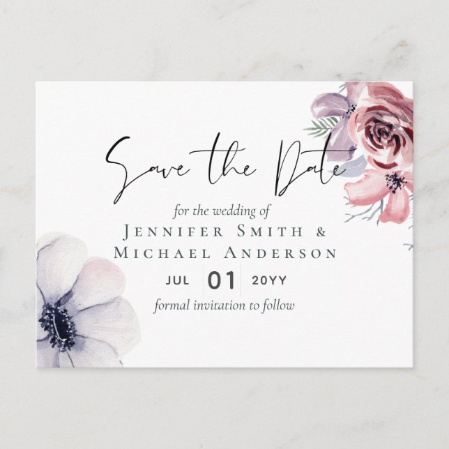 Postcard Navy Blue Coral Floral Save the Dates (Front)