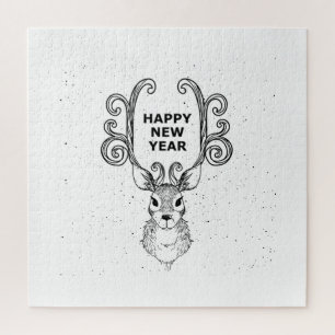 Postcard New Year Deer Christmas Holiday Jigsaw Puzzle
