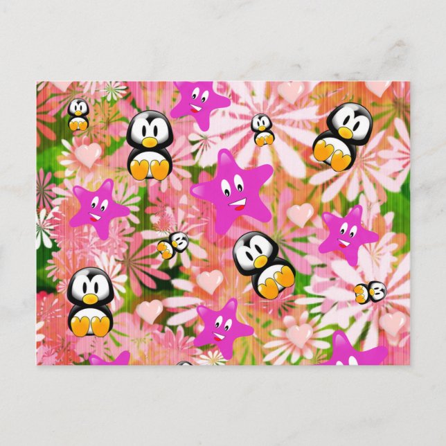 Postcard Penguins Floral (Front)