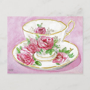 Postcard - Pink Floral Rose Watercolor Teacup