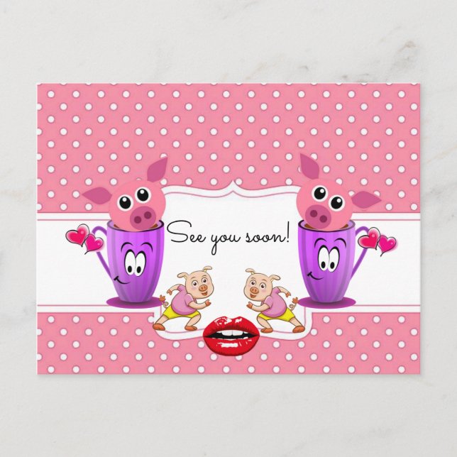 Postcard Pink Pigs Polk a dot See you soon! (Front)