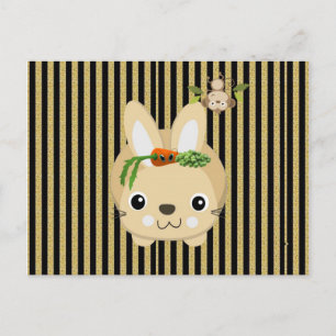 Postcard Rabbit Monkey Brown Stripe Carrots Peas