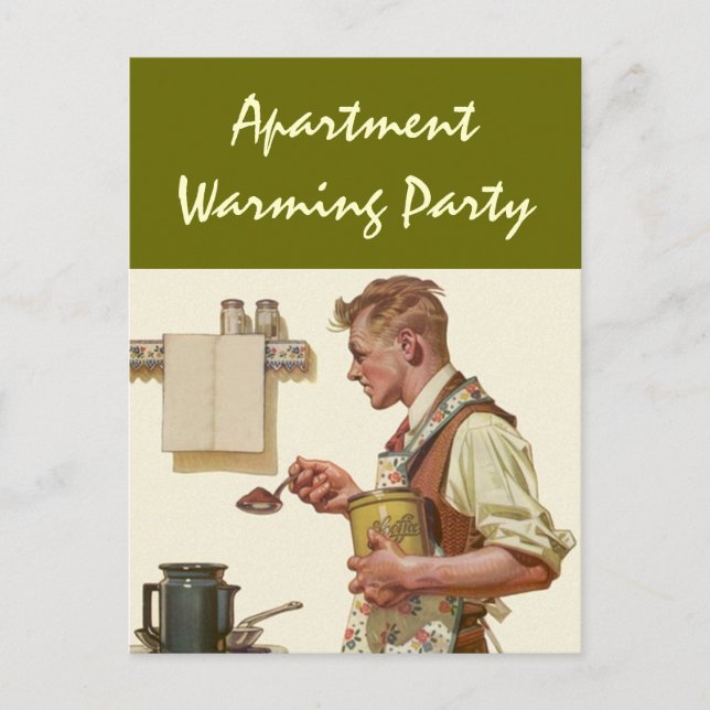 Postcard Retro Man brews Coffee Housewarming Party (Front)