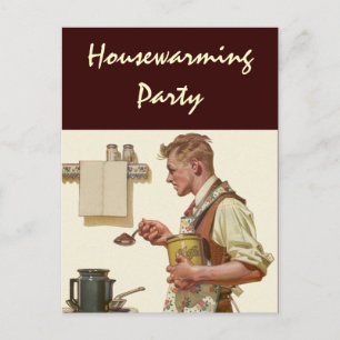Postcard Retro Man makes Coffee Housewarming Party