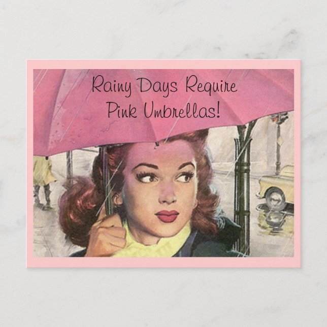 Postcard Retro Rainy Day shower & a Pink Umbrella (Front)