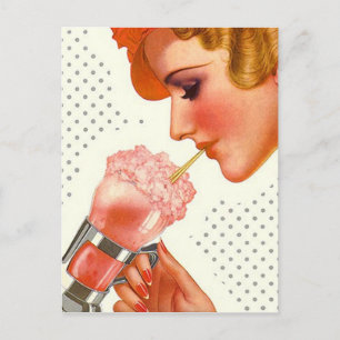 Postcard Retro Stylish Gal w/ Soda Fountain Drink