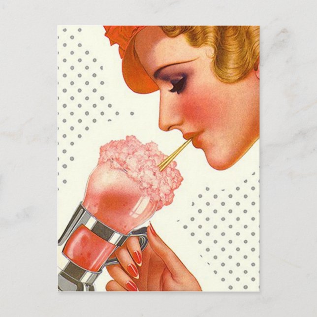 Postcard Retro Stylish Gal w/ Soda Fountain Drink (Front)