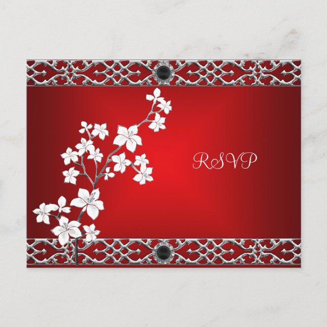Postcard RSVP Asian Red Black Floral Silver White (Front)