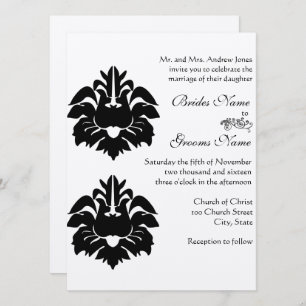 Postcard Size Black Damask Wedding Invitations