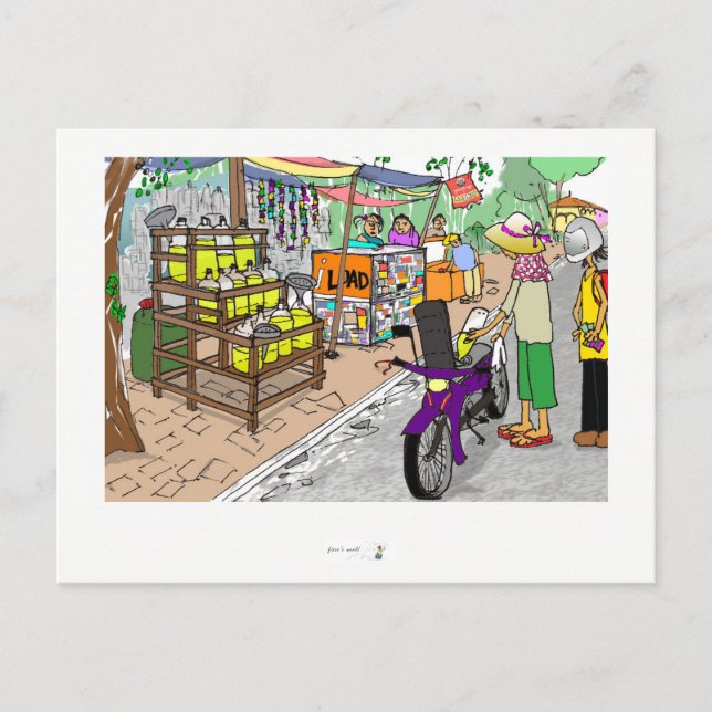 Postcard Street scene in Asia with motorbike (Front)