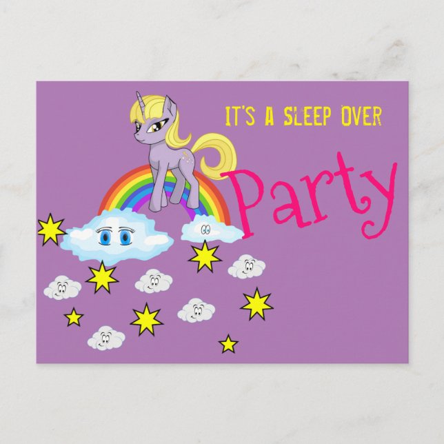 Postcard Unicorn Rainbow Clouds Sleep over Party (Front)