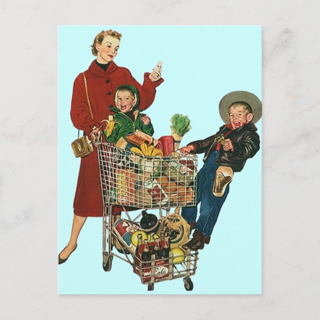 Postcard Vintage Grocery Shopping Family PC (Front)