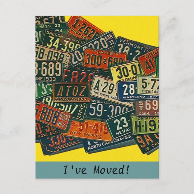 Postcard Vintage License Plates I've Moved Address (Front)