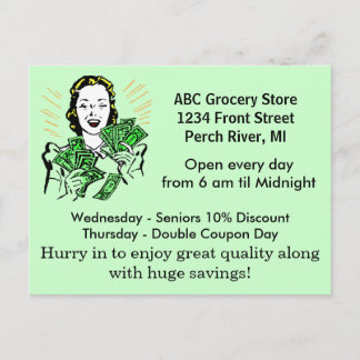 Postcard Vintage Retro Happy Lady Money Savings