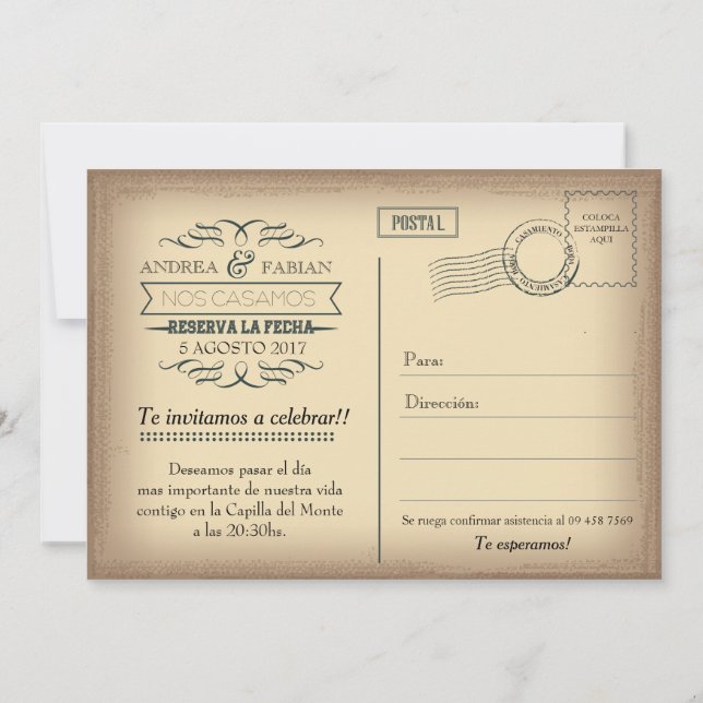 Postcard wedding invitation with photo in Spanish. (Back)