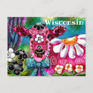 Postcard Wisconsin Whimsical Floral Pink Cow