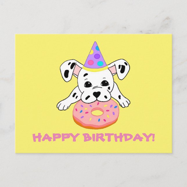 Postcard with cute Dalmatian puppy with doughnut (Front)