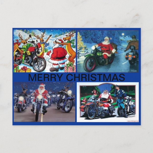 POSTCARD WITH FOUR SANTA MOTORCYCLE SCENES (Front)