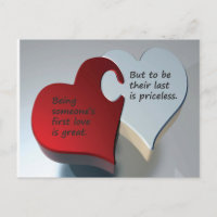 Postcard with red and white heart puzzle pieces.