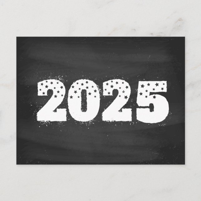 Postcard with text of 2025 on chalkboard. New year (Front)