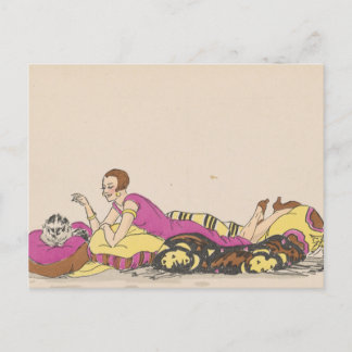 Postcard - woman and cat - French artist vintage
