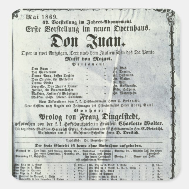 Poster advertising a performance of 'Don Juan' Square Sticker (Front)