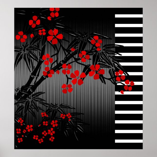 Poster Asian Red Black White Bamboo Floral 2 (Front)