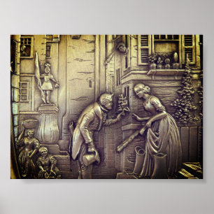 Póster dorado viejo de hombre ofreciéndole flores poster