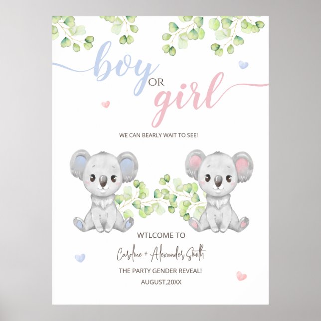  Poster for Koala Gender Reveal Party. (Front)